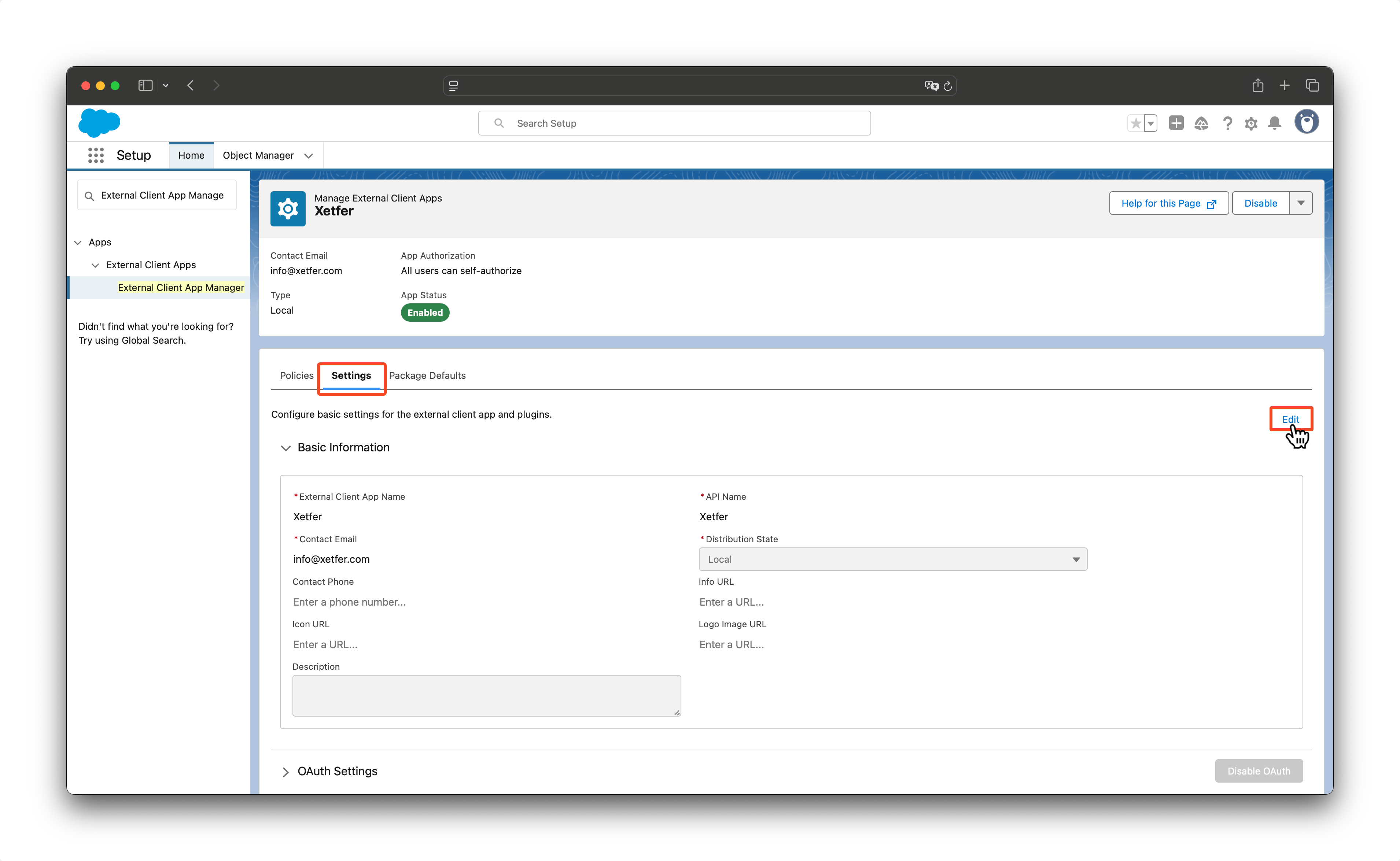 Salesforce External Client App Settings