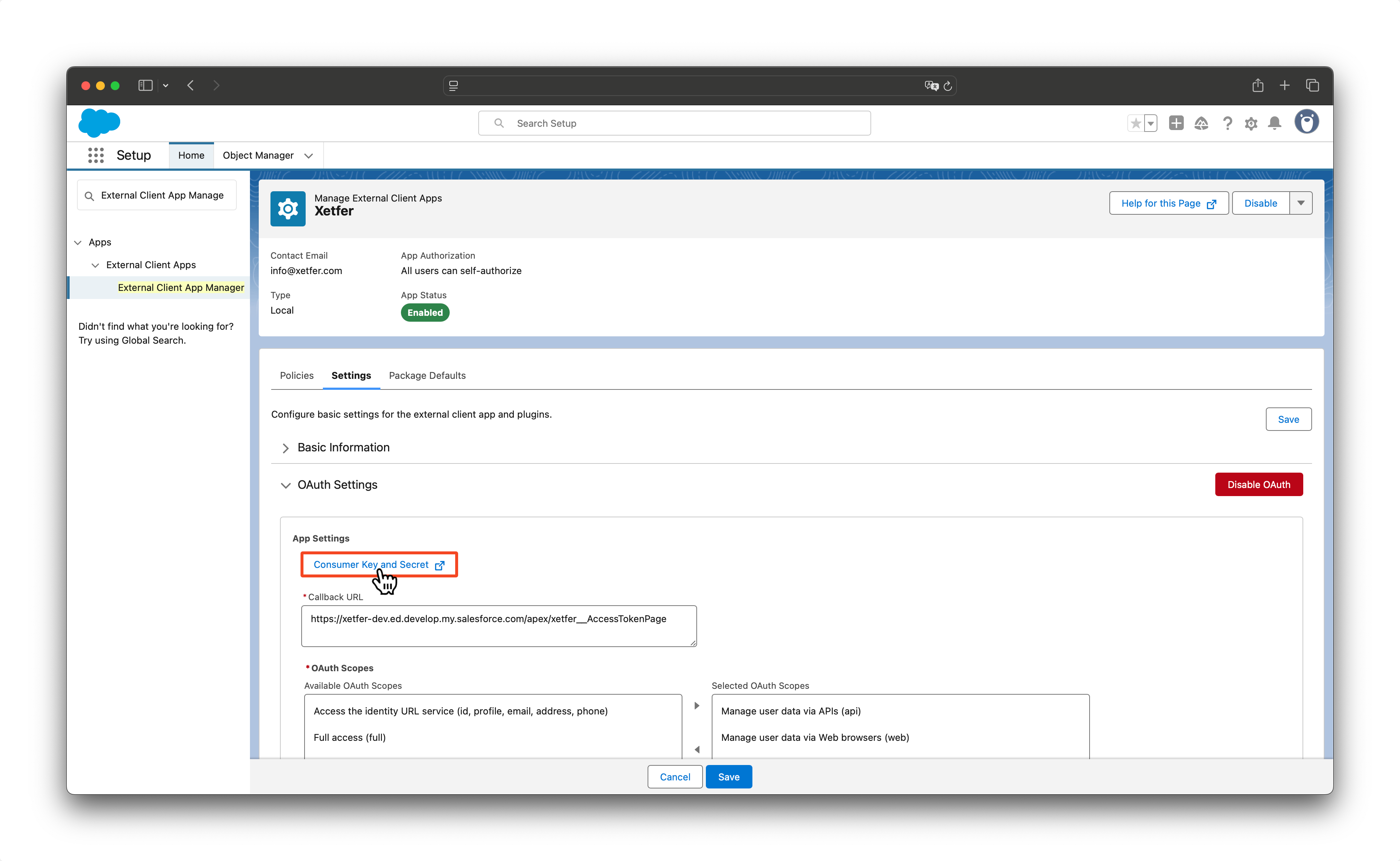 Salesforce External Client App Consumer Key and Secret