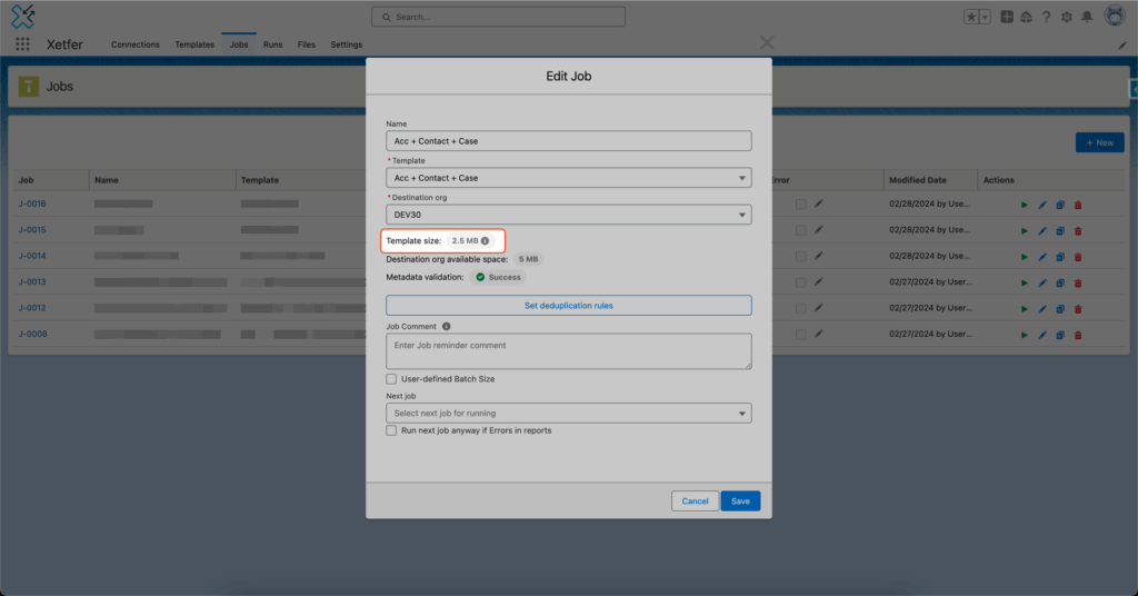Migration Template Size Estimation
