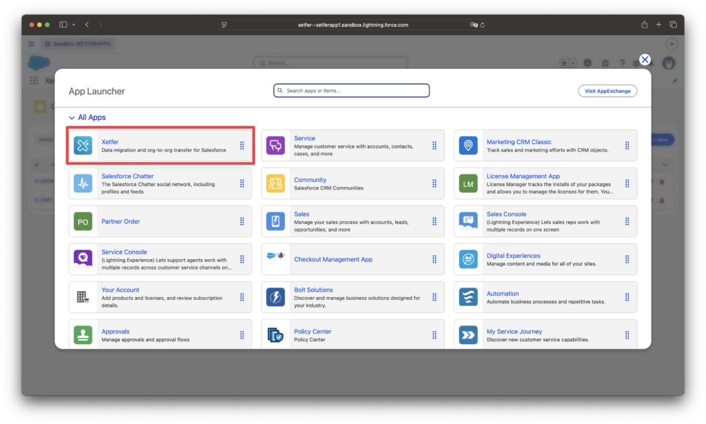 Salesforce App Launcher showing the Xetfer app in All Apps