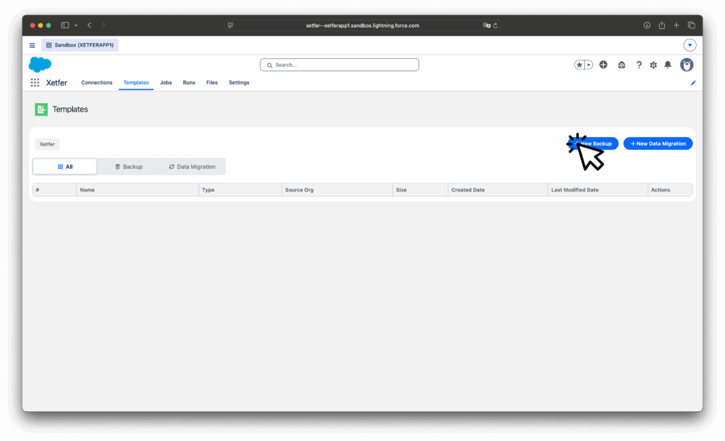 Xetfer Salesforce backup templates page with New Backup button