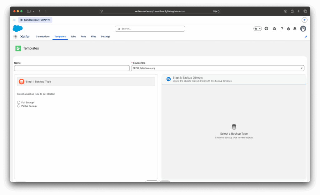 Xetfer Salesforce backup template form with source org and backup type options