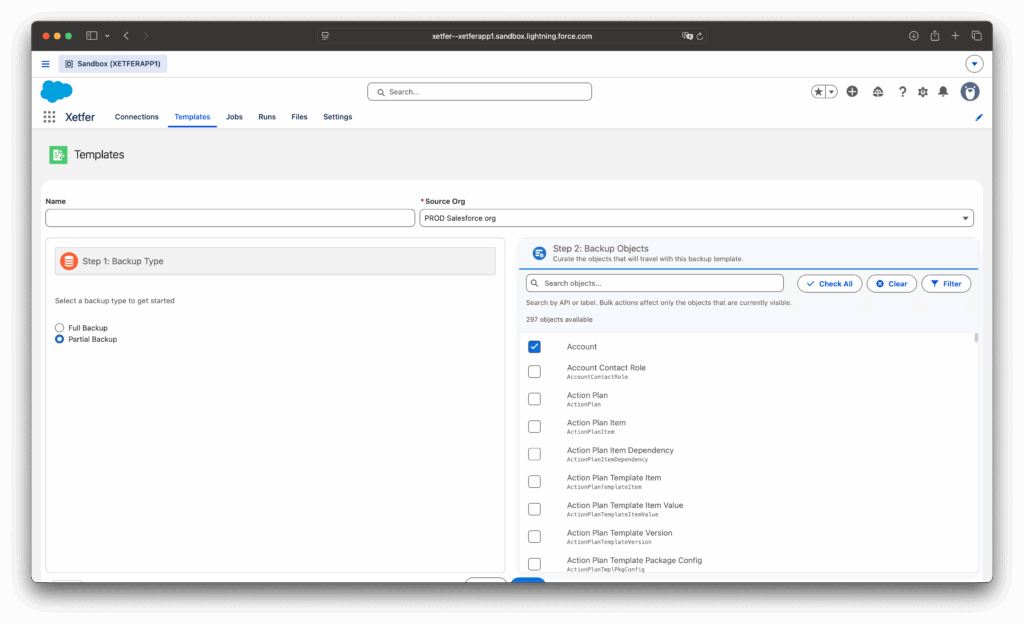 Xetfer partial Salesforce backup template with selected objects list