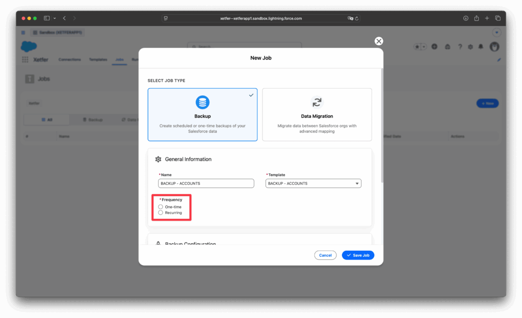 Xetfer Salesforce backup job form with one-time and recurring options