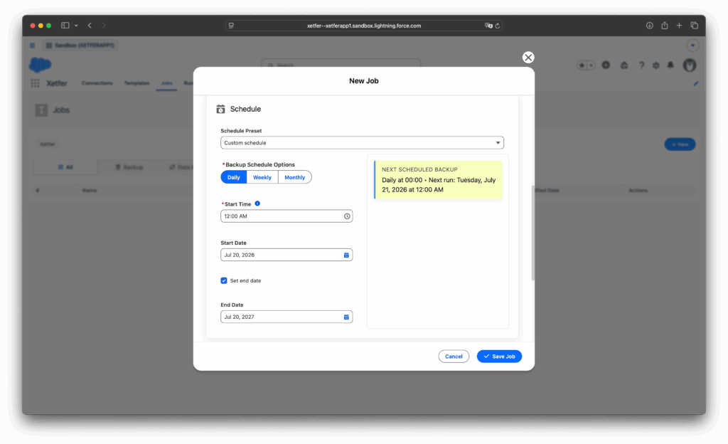 Xetfer recurring Salesforce backup schedule with daily option selected
