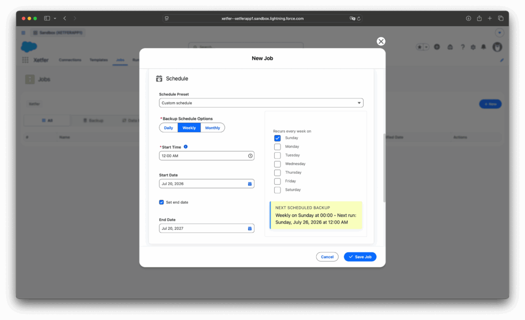 Xetfer recurring Salesforce backup schedule with weekly option selected