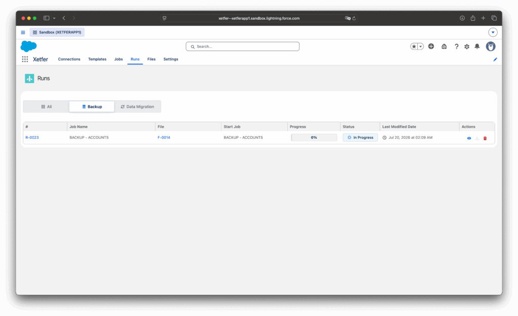 Xetfer Salesforce backup run in progress on the Runs tab