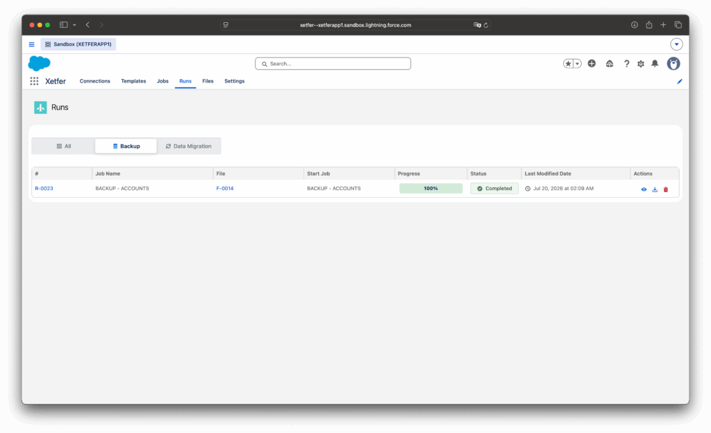 Xetfer completed Salesforce backup run on the Runs tab