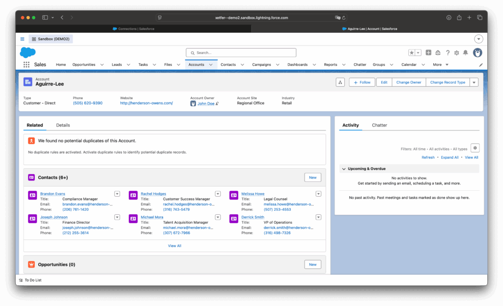 Additional imported Salesforce account records shown in the destination org