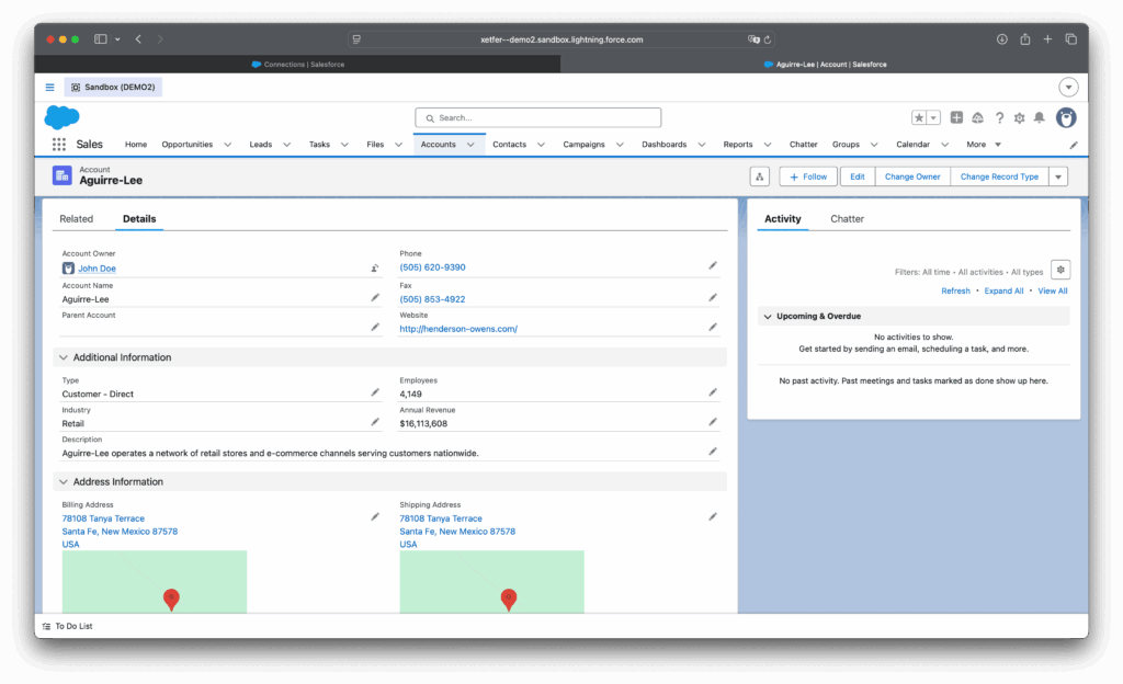 Imported Salesforce account details page in the destination org after Xetfer CSV migration