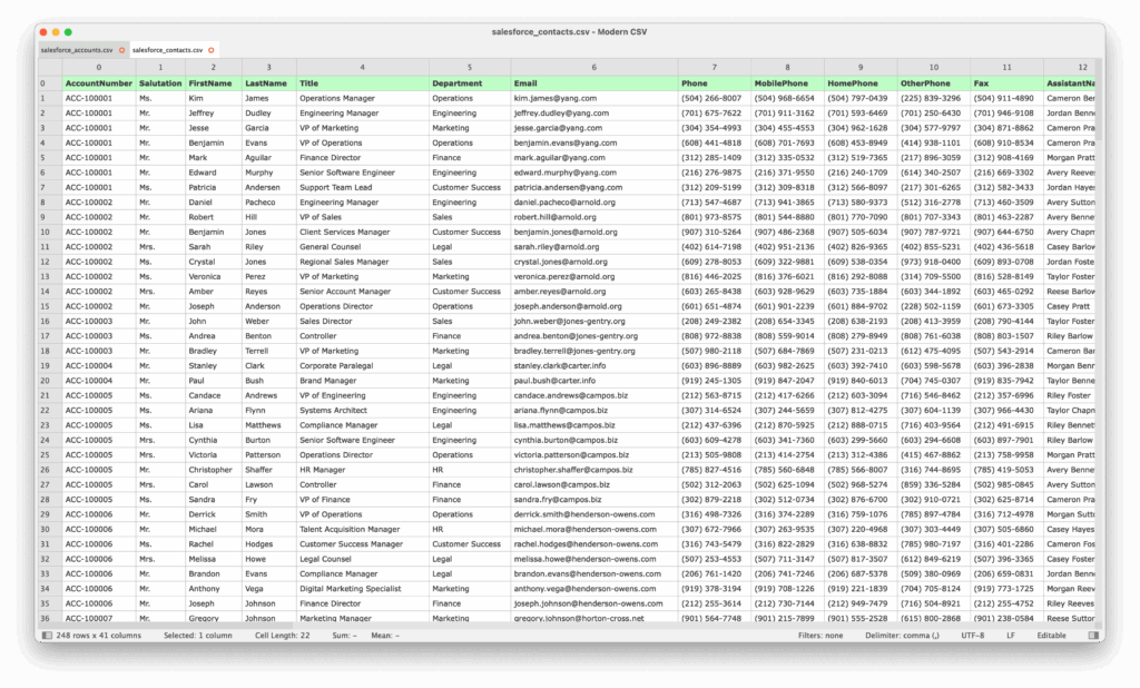 Salesforce contacts CSV file with AccountNumber column for Xetfer import mapping