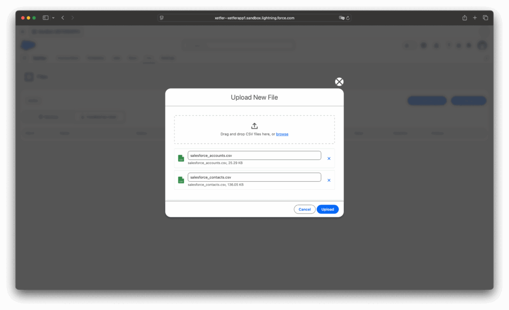 Xetfer file upload window with Salesforce accounts and contacts CSV files selected