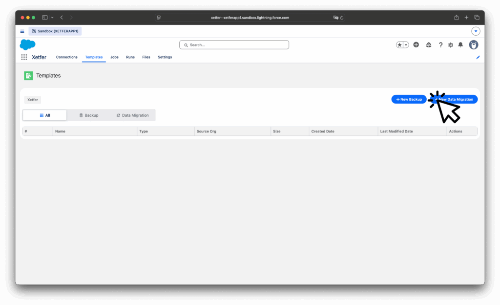 Xetfer Templates page with New Data Migration button for Salesforce CSV import