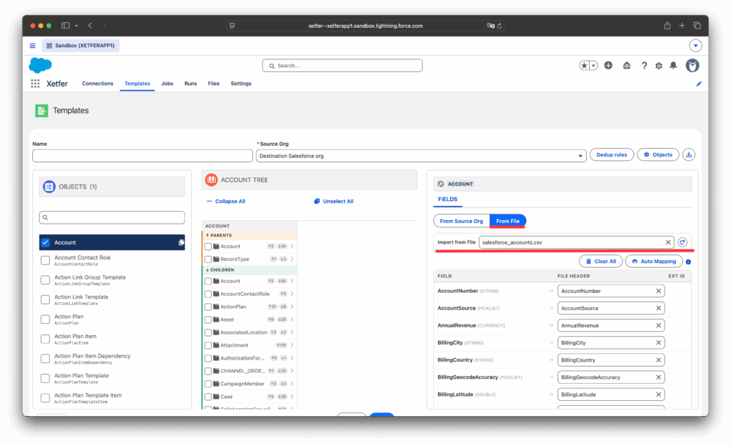 Xetfer Salesforce data migration template mapping Account fields from CSV file