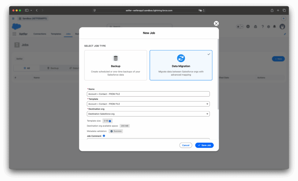 Xetfer Salesforce data migration job setup with destination org selected