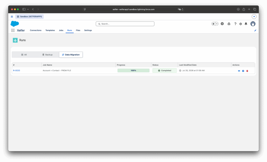 Xetfer completed Salesforce data migration run on the Runs tab