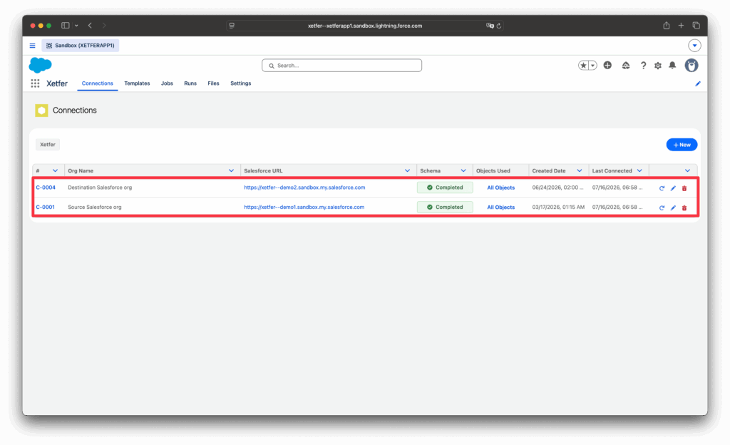 Xetfer Salesforce connections list with source and destination orgs connected