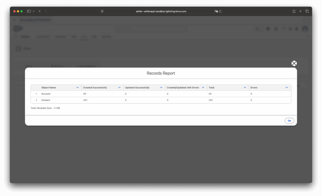 Xetfer Salesforce migration records report showing created Account and Contact records