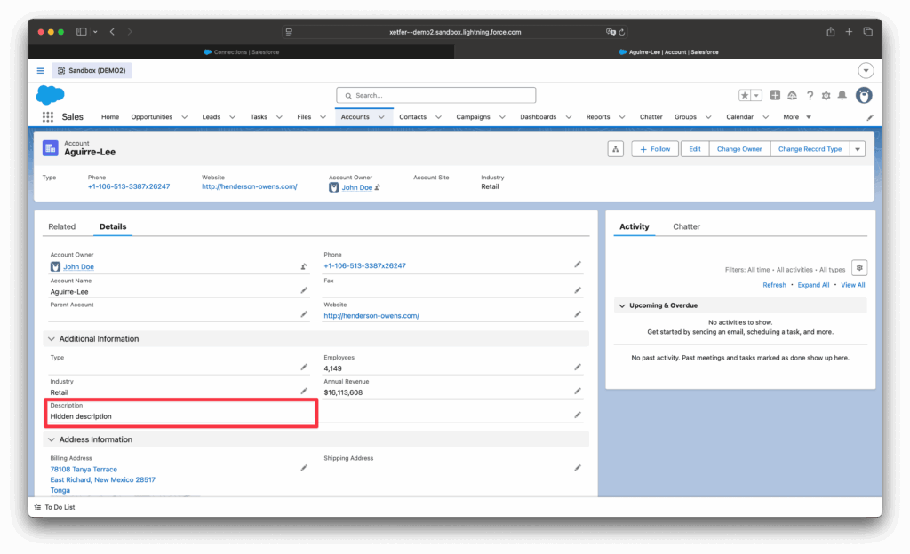 Migrated Salesforce account details page in the destination org