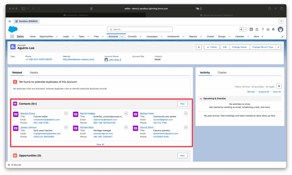 Migrated Salesforce account record showing modified description field in the destination org