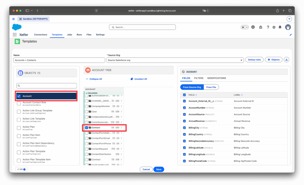 Xetfer Salesforce data migration template with Account and Contact objects selected