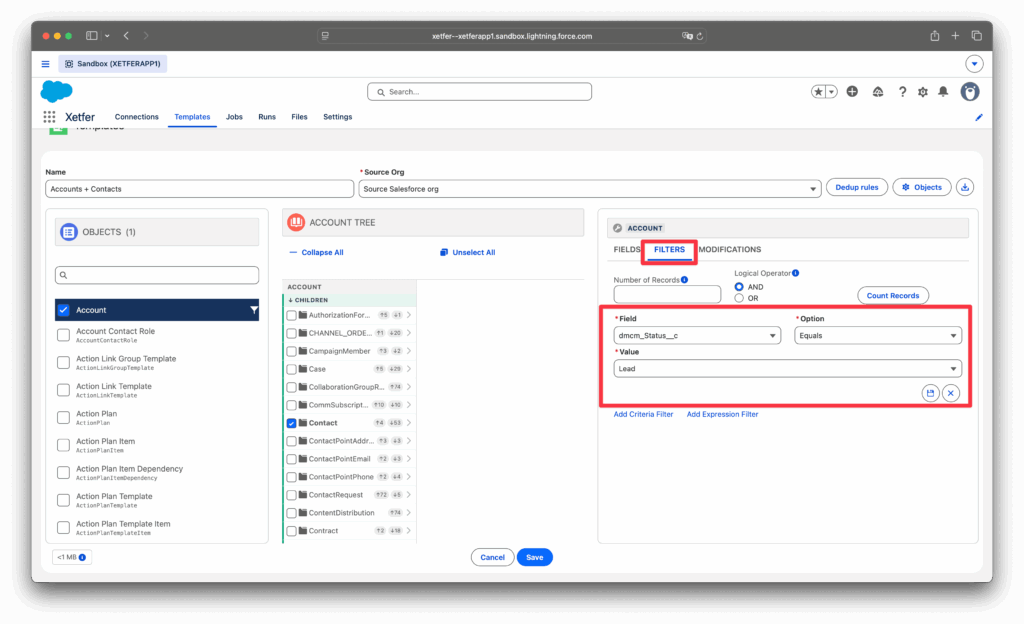 Xetfer Salesforce migration template filters tab with record criteria configured