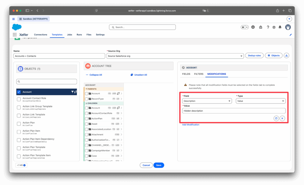 Xetfer Salesforce migration template modifications tab with field value replacement