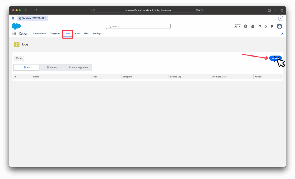 Xetfer Jobs tab with New Job button for Salesforce data migration