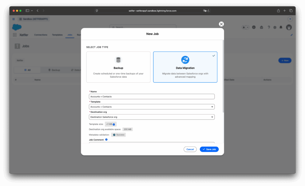 Xetfer Salesforce data migration job setup with template and destination org selected
