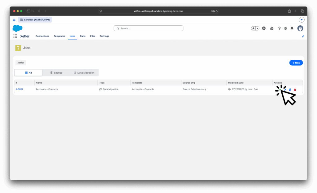 Xetfer Salesforce migration job in the Jobs list with run action highlighted