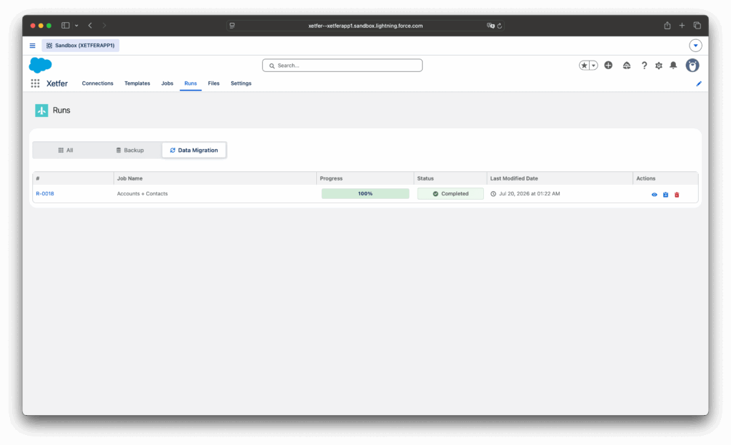 Xetfer completed Salesforce data migration run on the Runs tab