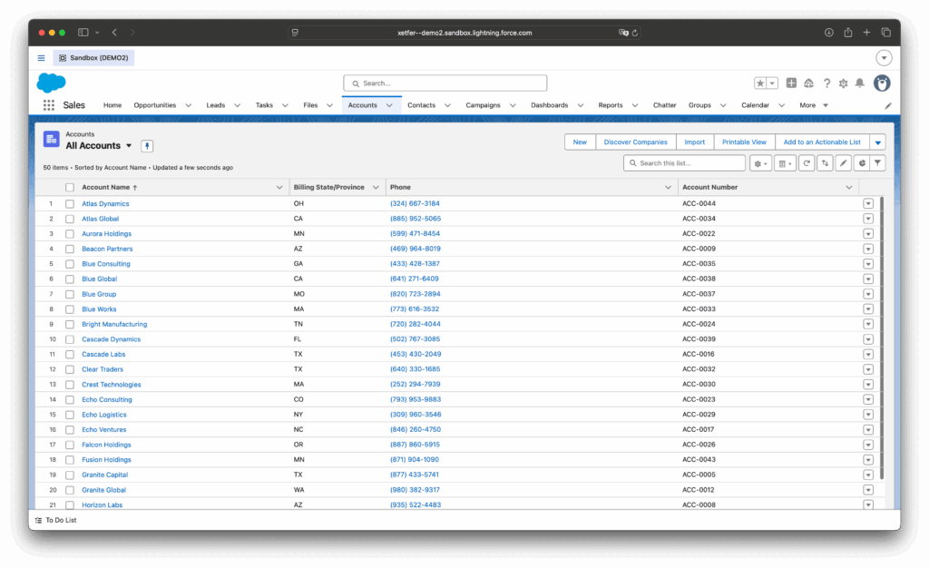 Imported Salesforce account records after Xetfer CSV file import