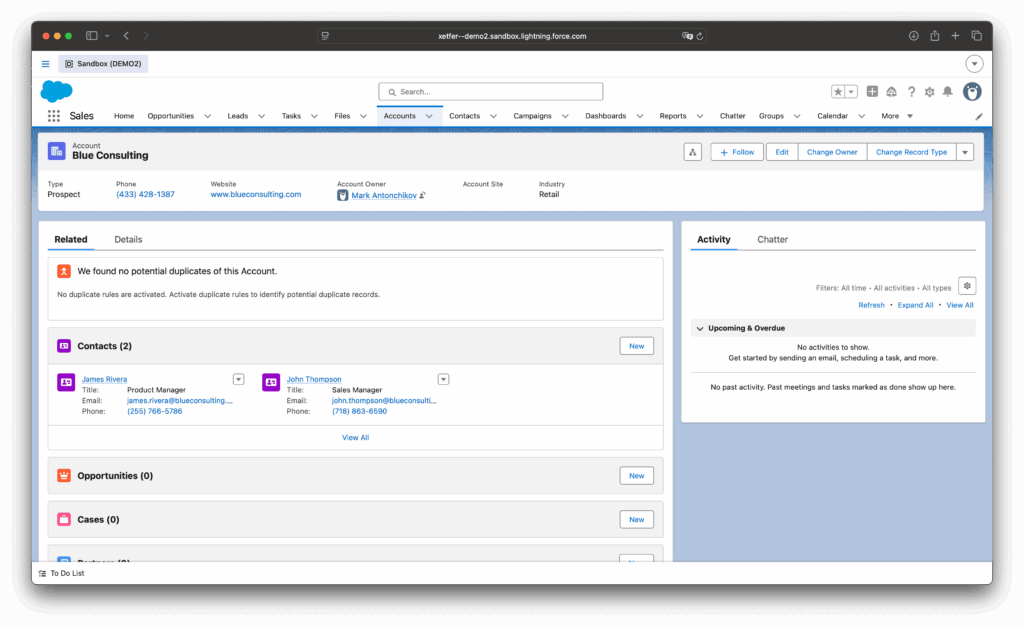 Imported Salesforce contacts linked to the correct account after Xetfer CSV import