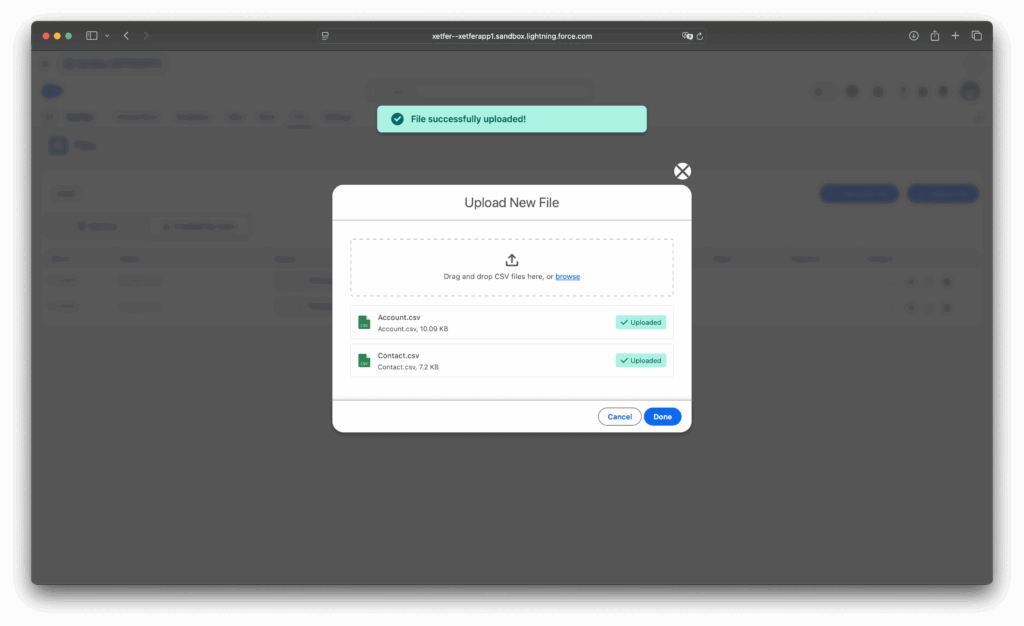 Xetfer Files tab with multiple CSV upload support and data generation options