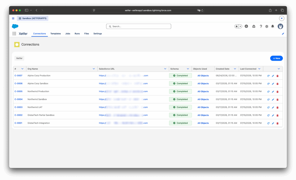 Xetfer Salesforce connections tab with multiple connected orgs