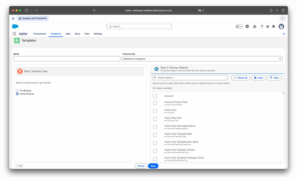 Xetfer Salesforce backup type options for full and partial backup