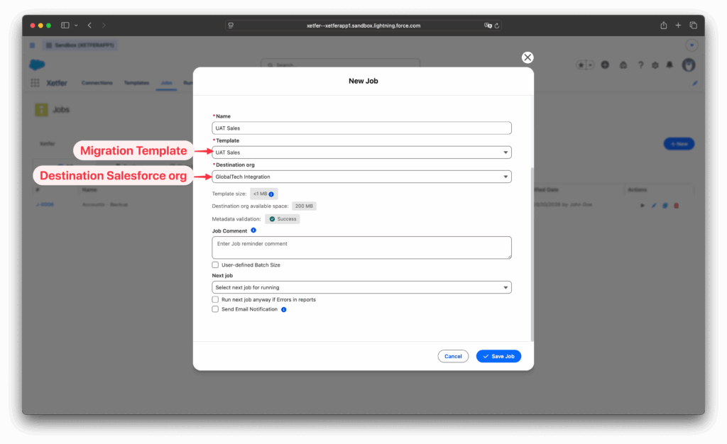 Xetfer Salesforce migration job setup with template and destination org