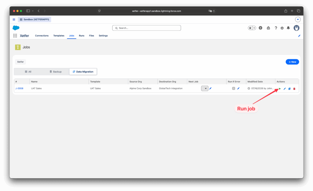 Xetfer Jobs tab with Salesforce migration run action highlighted