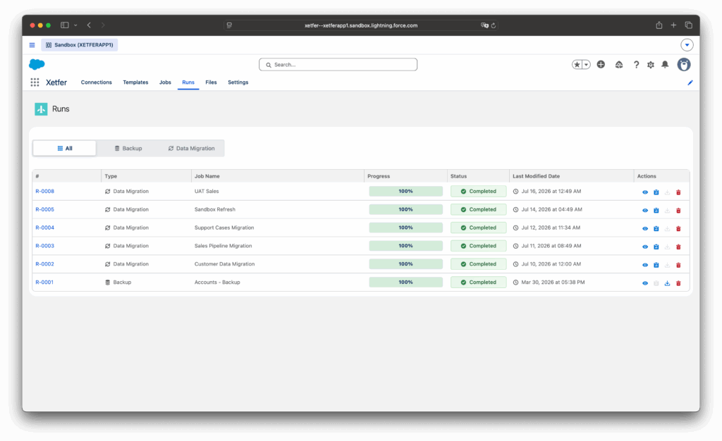 Xetfer Runs tab showing Salesforce migration and backup job executions