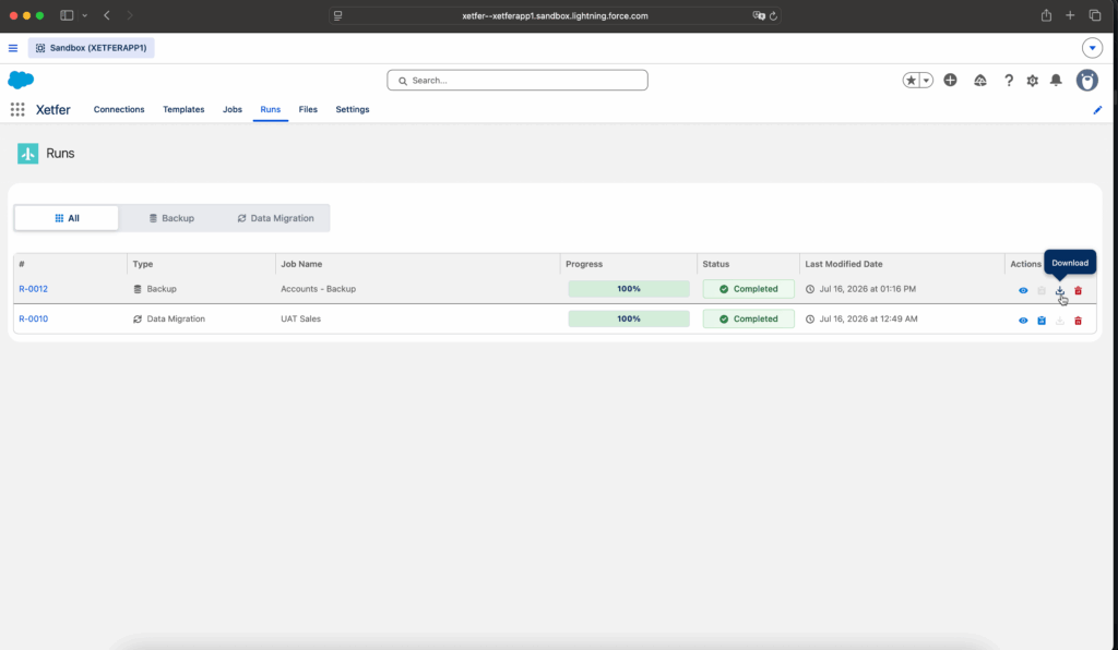 Xetfer backup run download option for Salesforce data snapshot zip file