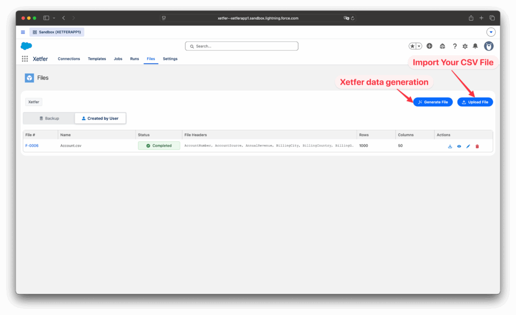 Xetfer Files tab with CSV upload and data generation options
