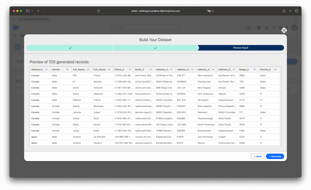 Xetfer generated CSV file preview for Salesforce test and anonymized data