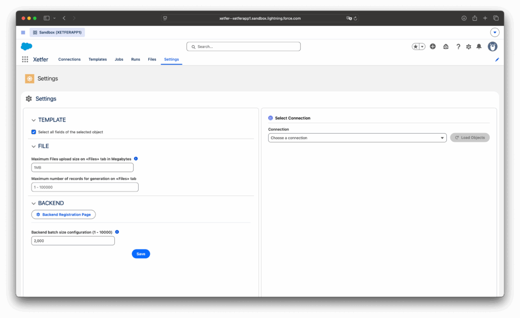 Xetfer Settings tab with technical configuration options