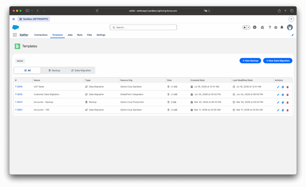 Xetfer Templates tab with New Data Migration and New Backup buttons