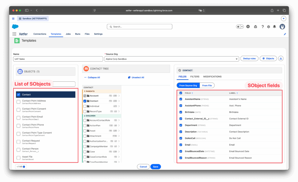 Xetfer Salesforce migration template with selected objects and fields