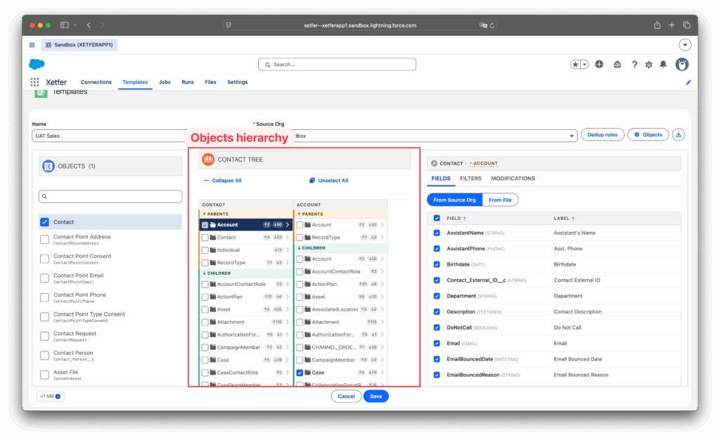 Xetfer Salesforce migration template object tree and fields configuration