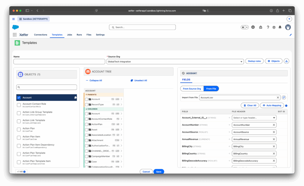 Xetfer Salesforce import from CSV file mapping on the template fields tab