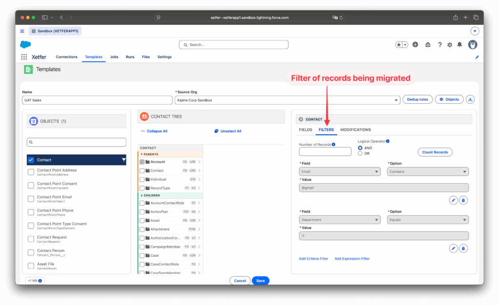 Xetfer Salesforce migration template filters tab with record criteria