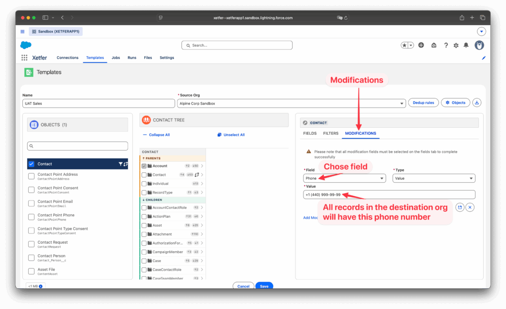 Xetfer Salesforce data anonymization settings on the modifications tab