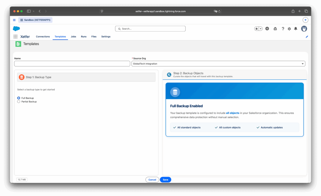 Xetfer backup template creation from a Salesforce source org